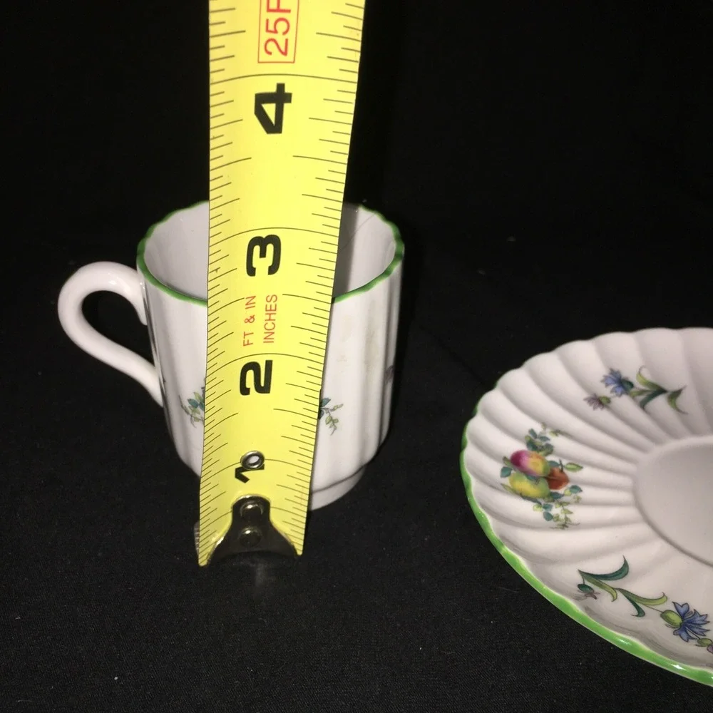 Spode Miniature Cup and Saucer, Fruit Scallop Design with Green Border